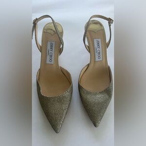 Jimmy Choo Gold Woven Pointed Toe Slingback Kitten Heel Pumps sz 7.5
